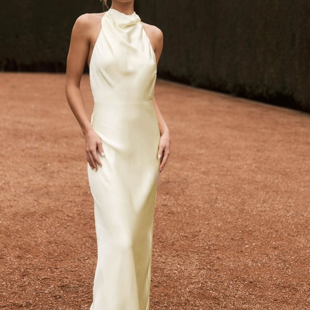 Meshki Esther Iridescent Satin Cowl Maxi Dress - Lemon Sorbet